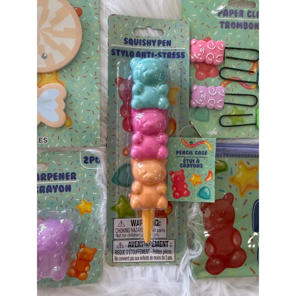 Gummy Bear Stationery Set Pencil Case Pen Sticky Notes Erasers Clips 6pc Bundle